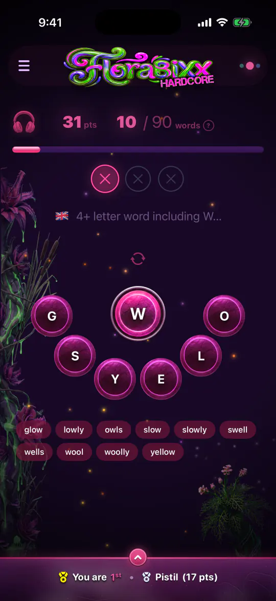 A game in Hardcore mode, with the strikes at the top of the screen.