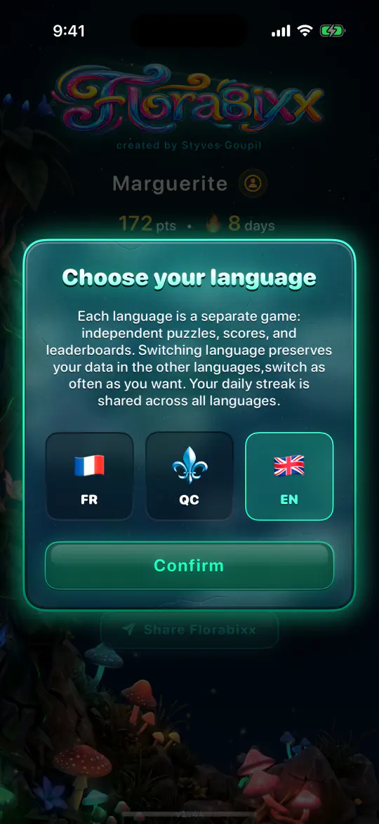 The language picker in the app: French, English or Quebec French.