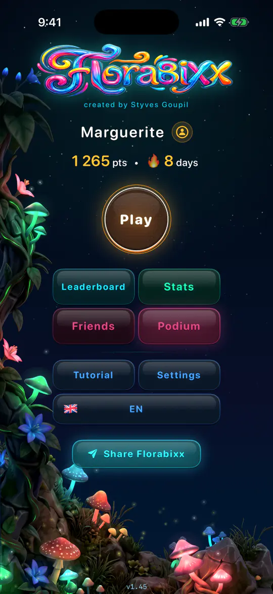The Florabixx main menu, with the Play button.