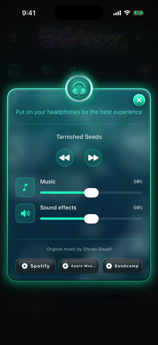 The app’s music player: the track “Tarnished Seeds”, music and sound volumes, and Spotify, Apple Music and Bandcamp links.