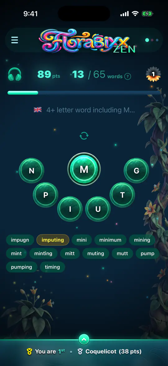 A game in Zen mode, with the words found so far.