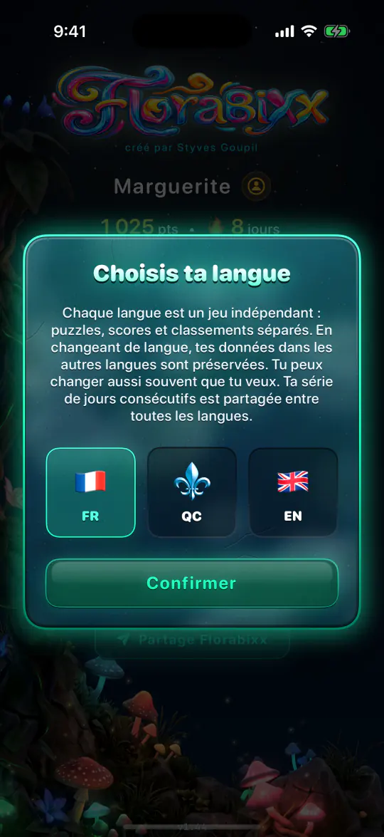 Le choix de la langue dans l’app : français, anglais ou québécois.