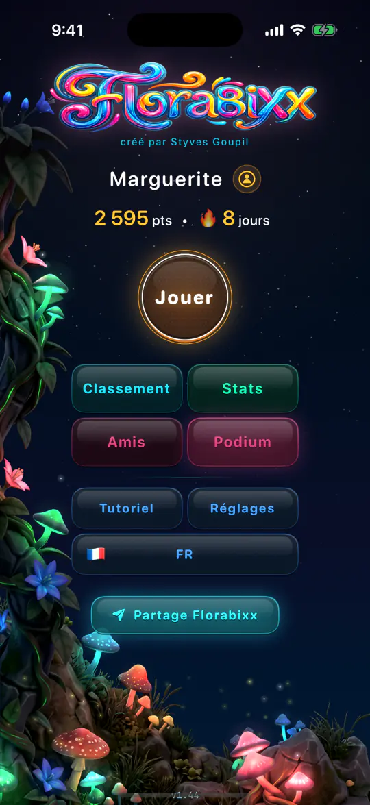 Le menu principal de Florabixx, avec le bouton Jouer.