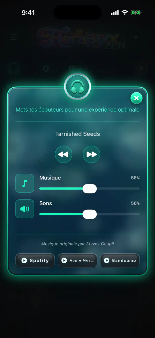 Le lecteur de musique de l’app : la pièce « Tarnished Seeds », le volume de la musique et des sons, et les liens Spotify, Apple Music et Bandcamp.