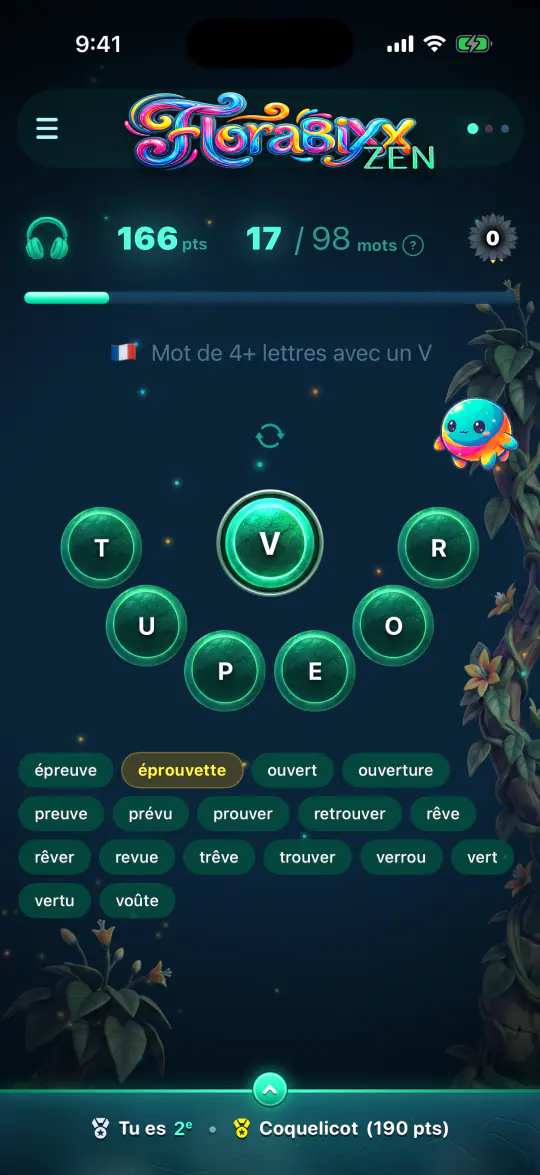 Une partie en mode Zen. Au bas de l’écran : « Tu es 2e • Coquelicot (190 pts) ».